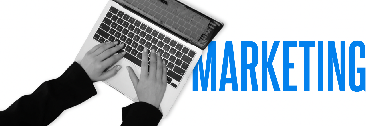 Marketing graphic, woman typing on computer for digital marketing