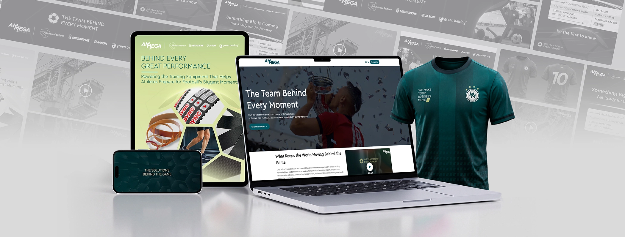 AMMEGA Group 'The Team Behind Every Moment' campaign displayed across laptop, tablet, and phone, with campaign teaser graphics and a branded soccer jersey, created by Blue Halo Agency